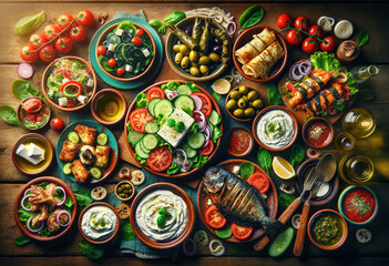traditional Greek food, beautifully arranged on a wooden table background