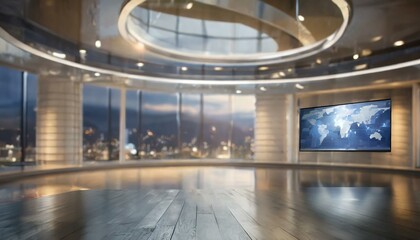 Blurred Interior virtual news studio background, modern news room, talk show, business room, sport news, TV studio, green Screen background, virtual studio blurred, Ai Generate