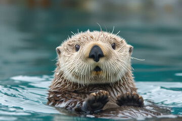 Portrait of a cute sea otter with its paws raised from water, a wet predatory animal in water looking at camera - obrazy, fototapety, plakaty