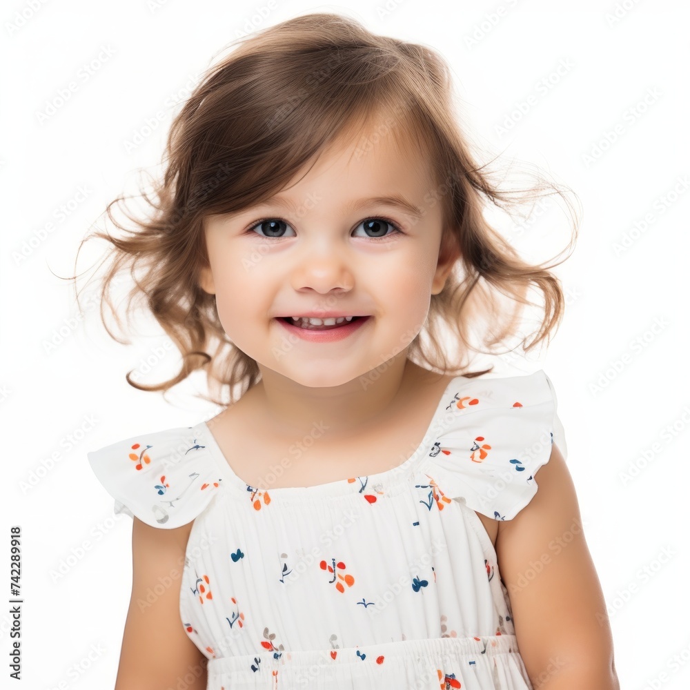 Poster stock image of a child in a summer dress on a white backdrop generative ai