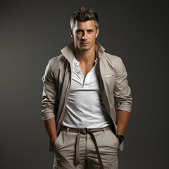 Fototapeta premium Male Model in Casual Gray Shirt and Trousers, Posing with Hands in Pants Pockets on Gray Studio Background