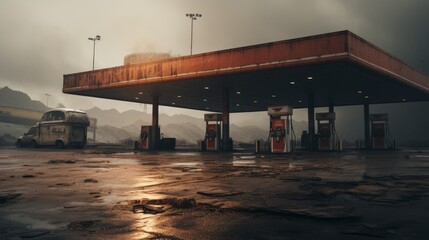Generative AI Deserted Gas Station Forecourt ::1 visual portraying an empty gas station forecourt with no vehicles, unoccupied fuel pumps, and vacant parking spaces --ar 16:9 --stylize 250 --v 5.2 Job - obrazy, fototapety, plakaty