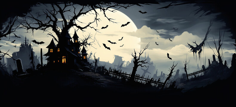 a haunted house silhouette with bats flying around