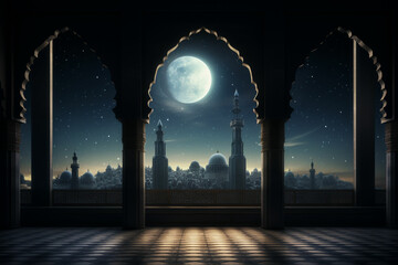 moon light shine through the window into Islamic mosque interior - obrazy, fototapety, plakaty