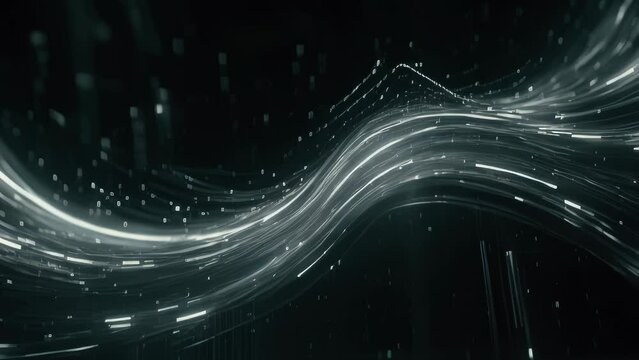 Background animation video of dynamic and fluid wave of light, consisting of numerous bright, white and blue particles and streaks against a dark background. It gives off a futuristic and digital aest