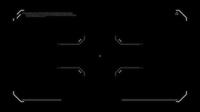 Futuristic glitchy HUD aim. Cyberpunk style distorted HUD screen. Tech user interface hologram screen for game, movie, sci-fi, drone footage, VR. Video overlay template. Cyber, tech concept.