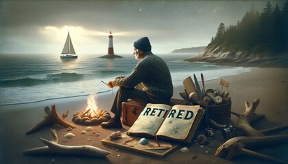 Retired Sailor by Campfire on Beach Overlooking Lighthouse