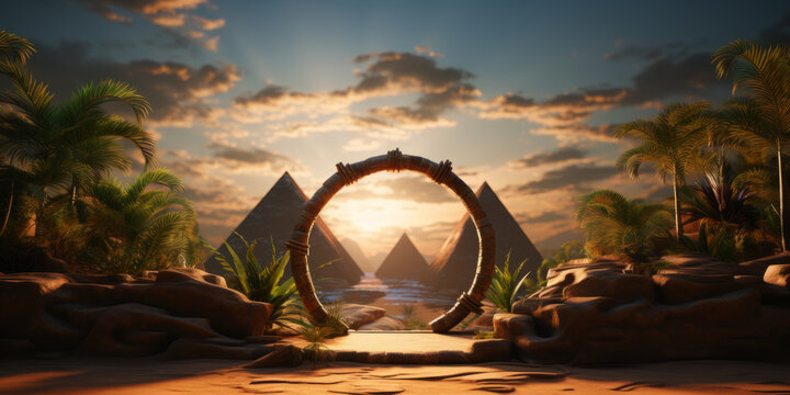 Wooden stargate portal style podium in ancient Egypt with pyramids and palm tress on background.