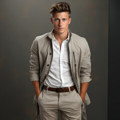 Fototapeta premium Man in Casual Gray Shirt and Trousers, Posing with Hands in Pants Pockets on Studio Background. Male Model