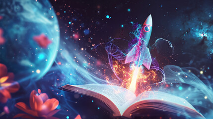 Reaching New Heights: Personal Growth Illustrated by Soaring Rocket, open Book, and Blooming Flower