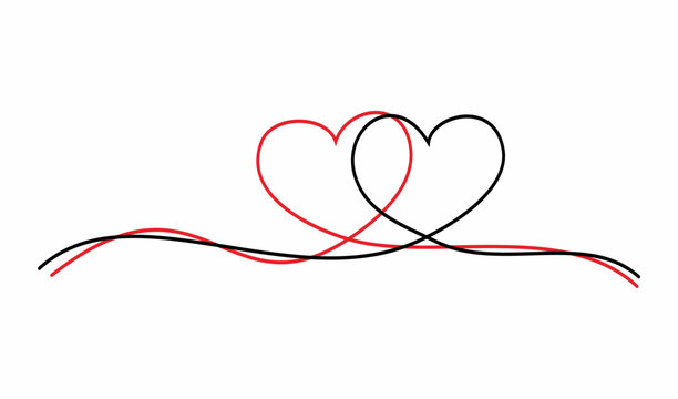 Two hearts icon linked each other. Red line heart and black line heart collide. Simple and minimalist hearts design element.