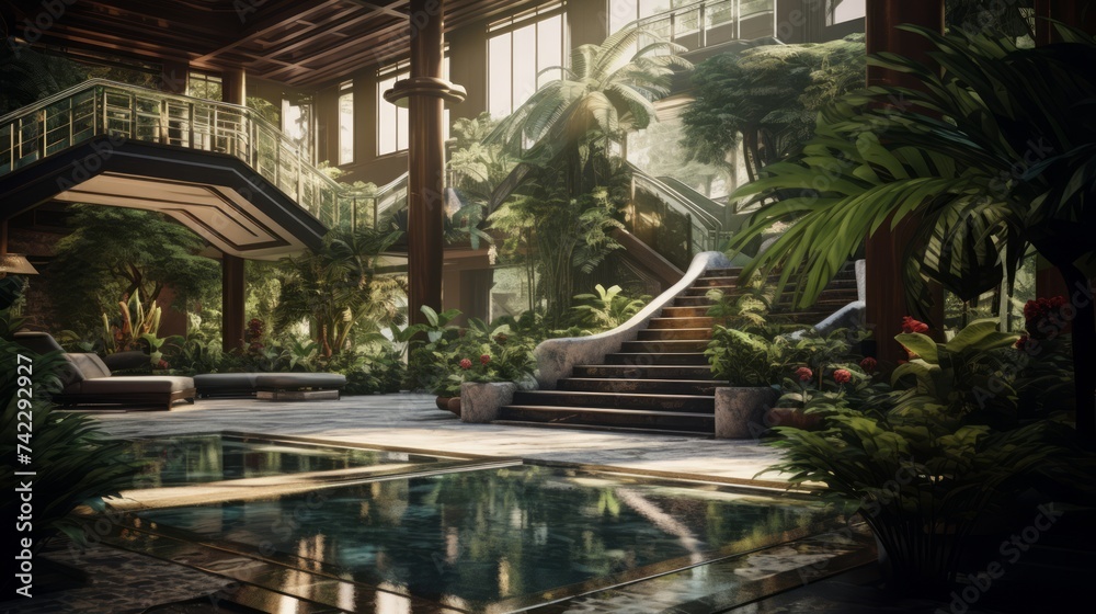 Poster generative ai elegant atrium featuring lush indoor gardens and cascading water features.