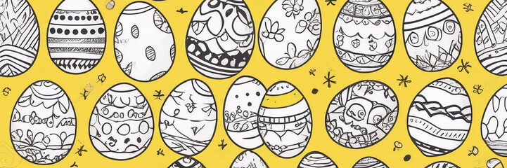 set of Easter eggs drawn on a yellow background. Banner. Generative AI