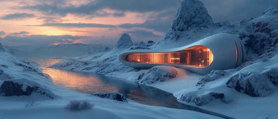 The architecture of a morphological house located in an arctic area. Generated AI