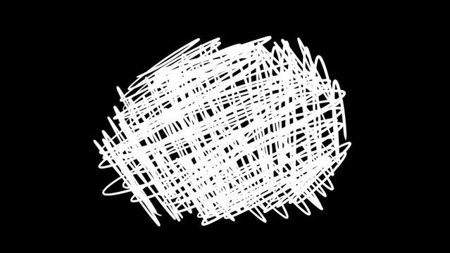 手書きのぐちゃぐちゃっとラフになぐり書きした線のコマ送りのモザイク・もやもやアニメーション素材　1秒サイクル・10秒　ループ　黒背景　白黒・アルファチャンネル