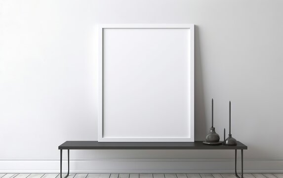 Black and white minimalistic interior. Empty frame with copy space for quotes or products on the table. AI Generative.
