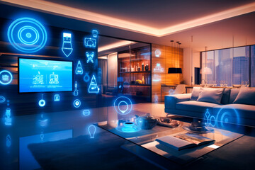 Concept art of a digital holographic artificial intelligence (AI) smart technology in a house and a flat. modern living room with blue and white virtual reality interface and icons