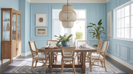 A family paints their dining room in a soothing blue hue instantly brightening up the space and creating a calming atmosphere for family dinners.