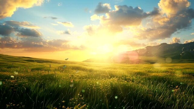 Grassland scene in the afternoon, animated virtual repeating seamless 4k