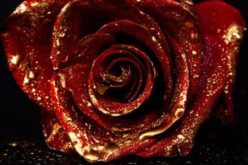 Naklejka premium Golden rose. Close-up of golden roses on black background. Creative floral concept. Bloom wallpaper. Gold rose flower, decorative design element, floral pattern, decoration, decor.