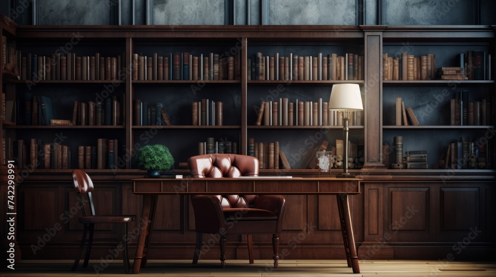 Poster generative ai impeccably designed study room with a mahogany desk and bookshelves