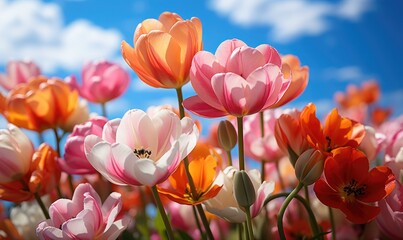Obraz na płótnie Canvas closeup of tulip garden and clear sky 