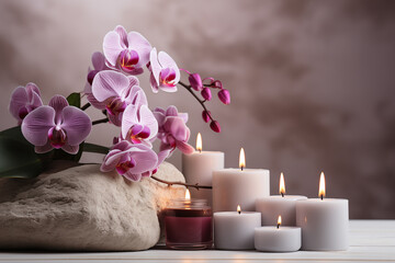 Obraz na płótnie Canvas Beautiful spa composition with lily on brown background. Couple Towels With Candles And Orchid For Natural Massage