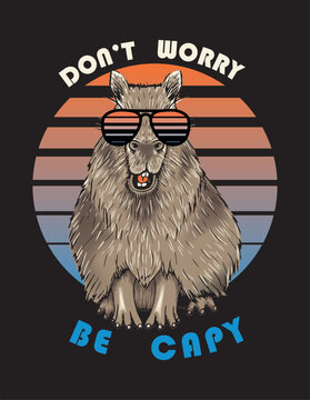 Hand drawn brown Capybara with open mouth and sunglasses. Slogan don't worry be capy. Vector illustration.