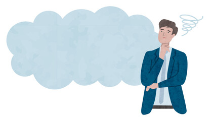 悩む、考える、疑問、スーツを着た男性のビジネスパーソンのイラスト素材