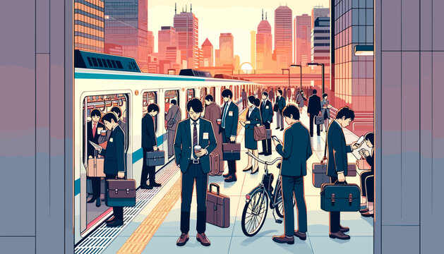 Concept vector illustration of businessmen commuting to work.