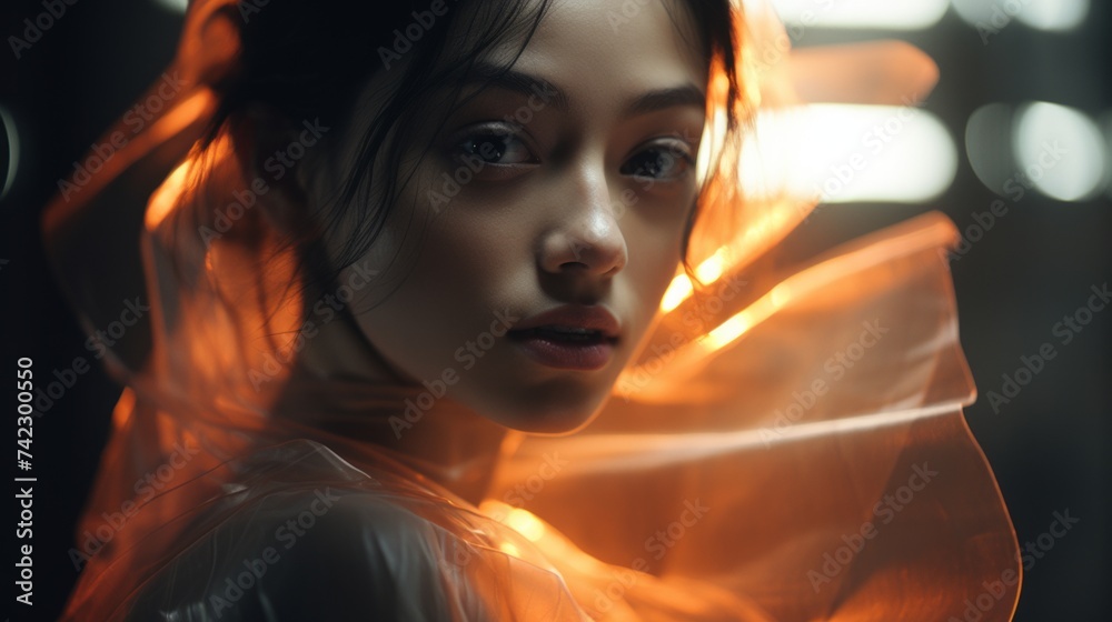 Poster Generative AI Layers of translucent overlays crafting an abstract and dynamic visual with a beautiful girl in the center