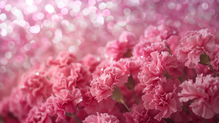 Pink carnation flowers with glitter bokeh background. Mother's Day concept. The official national flower of Spain. The official state flower of Ohio.