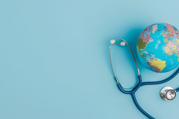 Model globe and stethoscope , World Health Day concept, copyspace, isolated on blue background