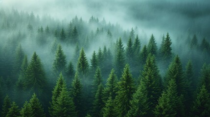 a view from the top of a pine forest shrouded in mist in the morning