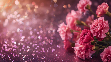 Obraz premium Pink carnation flowers with glitter bokeh background. Mother's Day concept. The official national flower of Spain. The official state flower of Ohio.