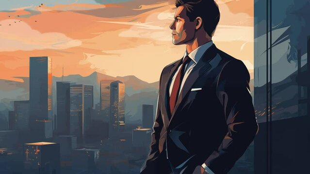 chic businessman in a tailored suit modern office. seamless looping overlay 4k virtual video animation background 