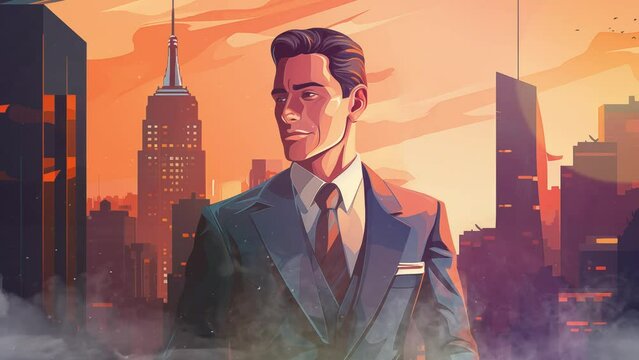 man illustratio in anime cartoon concept.  handsome man in classic suit cityscape at dusk urban. seamless looping overlay 4k virtual video animation background 