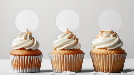 Vanilla Cupcakes with Blank Topper Mockup Display - obrazy, fototapety, plakaty