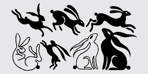 rabbit vector with roughen edge in various pose  illustration set