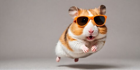 Portrait of a joyful jumping hamster in sunglasses against a light background. Promotional banner with copy space. Creative animal concept.