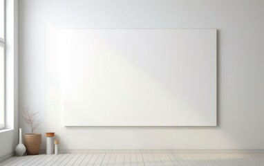 Minimalistic style art studio space mockup. Huge white framed blank art canvas on large wall in minimal room. Soft day light. AI Generative.