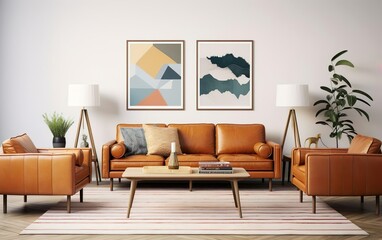 Cool interior design. Mid-century modern living room with tan leather sofa, geometric rug and vintage art prints. Indoor plants. AI Generative.