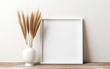 Minimalistic design. Mock up poster frame, vase with dry pampas grass in vase on wooden shelf and white wall background. Natural concept. Clay, glass, paper and wood. AI Generative. - obrazy, fototapety, plakaty