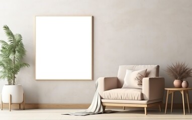 Mock up poster frame in modern beige home interior. Minimalistic natural style. Toned colors. AI Generative.