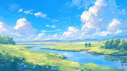 Spring lawn and blue sky and white clouds scene illustration, Beginning of Spring concept illustration background