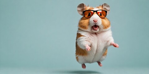 Portrait of a joyful jumping hamster in sunglasses against a light background. Promotional banner with copy space. Creative animal concept.