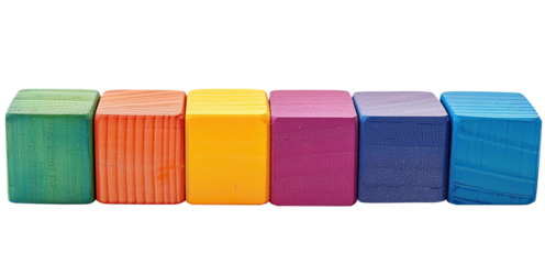 Row of colored wooden kids cubes isolated on transparent background