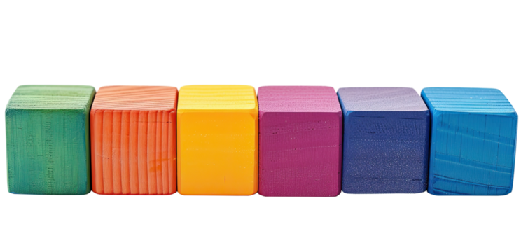 Row of colored wooden kids cubes isolated on transparent background
