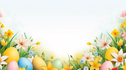 Fototapeta na wymiar The Easter eggs make a festive border. Colorful wallpaper brightens the mood.