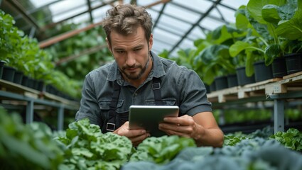 Male work in apron using tablet at agricultural greenhouse